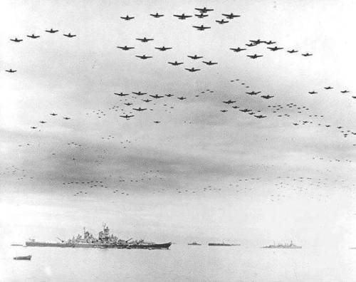 greasegunburgers - American aircraft fly over USS Missouri after...