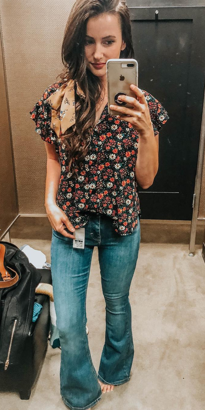 10 Happy Day Outfit Ideas in Any Colors - #Beautiful, #Girls, #Happy, #Good, #Street Pleasantly surprised by these flare denim- seriously SO flattering on! Paired with this floral blouse thatperfect for layering or just by itself. Shop it here using the app, then screenshot this image for outfit details. , liketkit 