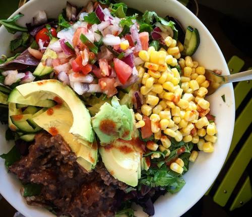 highcarbhannah:Burrito salad with beans, corn, avo, cilantro,...