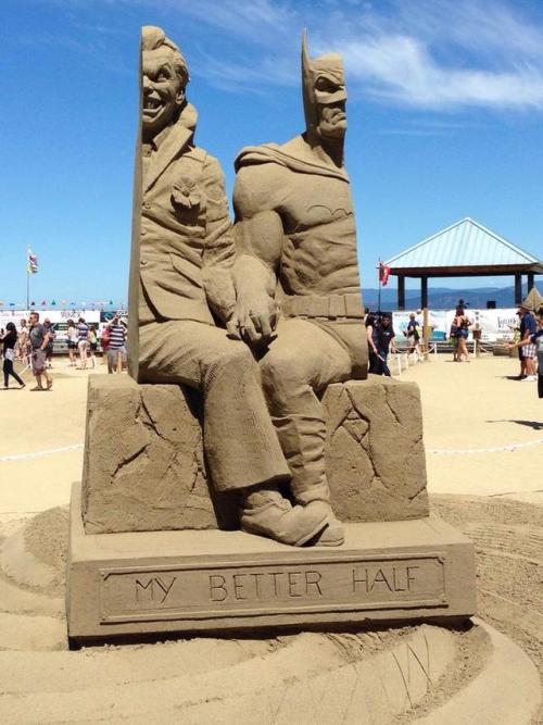Batman and Joker sand sculpture.