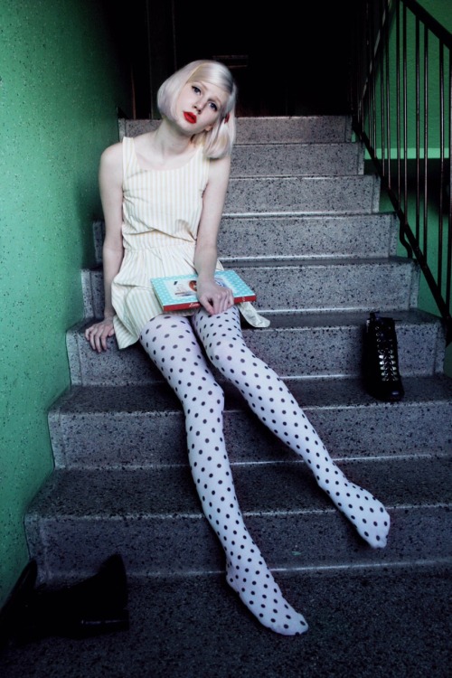 tightsobsession - Shoeless in white polka dot tights and white...