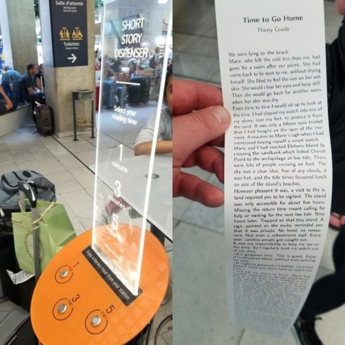 sixpenceee:
“This awesome little kiosk/machine was recently spotted at Charles de Gaulle Airport in Paris, France. The idea is simple, first select your desired reading time (one, three or five minutes) and voila! A random short story will be printed...