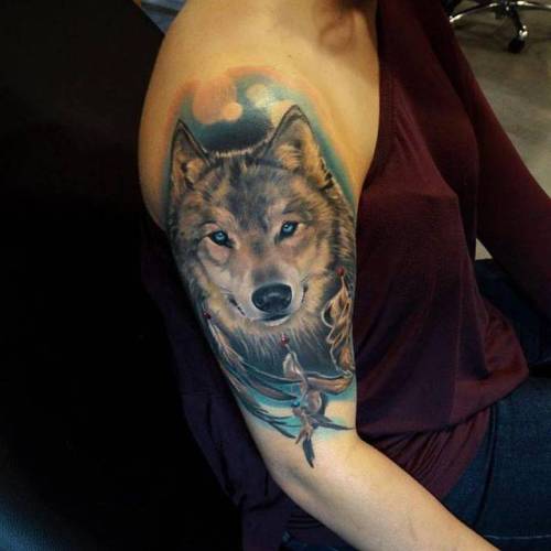 By Andrés Acosta, done at Faces in the Dark, Kyle.... healed;surrealist;andresacosta;big;animal;facebook;realistic;twitter;wolf;other;upper arm
