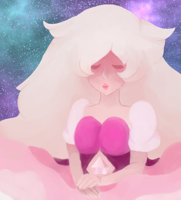 The portrait of Pink Diamond is done! (I got my pen pressure working so the comic is back on!) (Also, I know that Rose Quartz portrait has a pink background but the blues and purples look nice and...