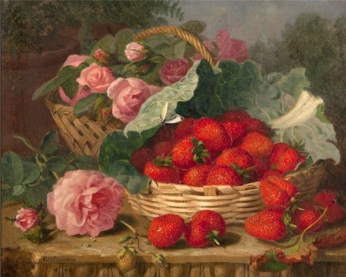 Still life of Strawberries, Roses, Cabbage Leaf and Butterfly on...