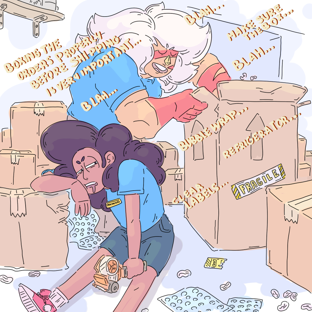 she’s training stevonnie. boxes and packaging.