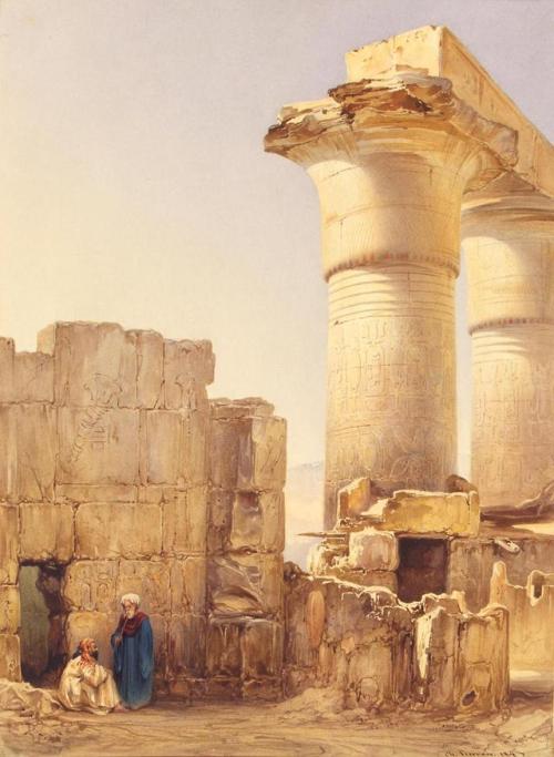 Street in an Oriental City with the Ruins of an Egyptian Temple,...