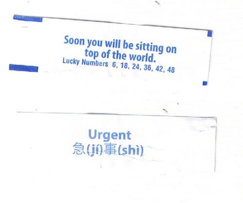 fortuneaday - [A white fortunecookie paper with blue text. Front - ...