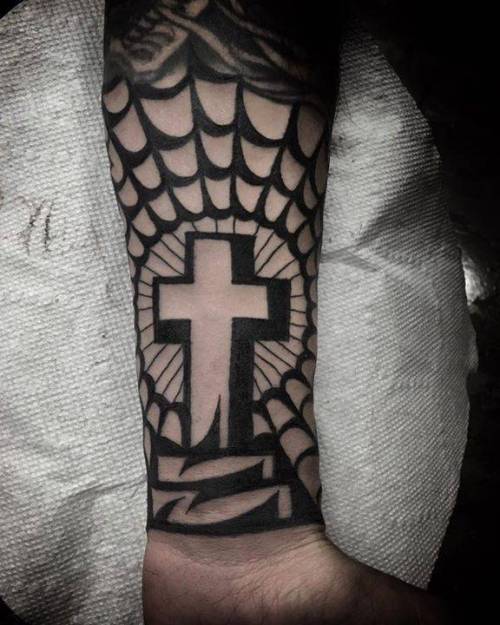 By Luciano Calderon, done in Los Angeles. http://ttoo.co/p/22720 lucianocalderon;christian;big;spiderweb;contemporary;facebook;nature;blackwork;twitter;christian cross;inner forearm;religious;illustrative