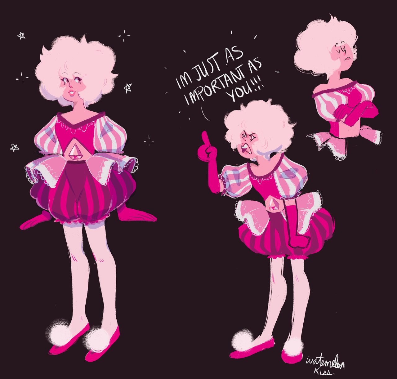 these are from back when a single pale rose aired,,,it took me a while to warm up to pink but i saw someone add stripes to her outfit and idk,, she looks like a clown but shes cute