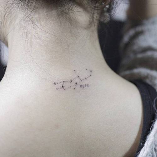 By Muha Lee, done at Octobersky Tattoo Works, Daegu.... small;astronomy;virgo constellation;tiny;back of neck;constellation;ifttt;little;muha