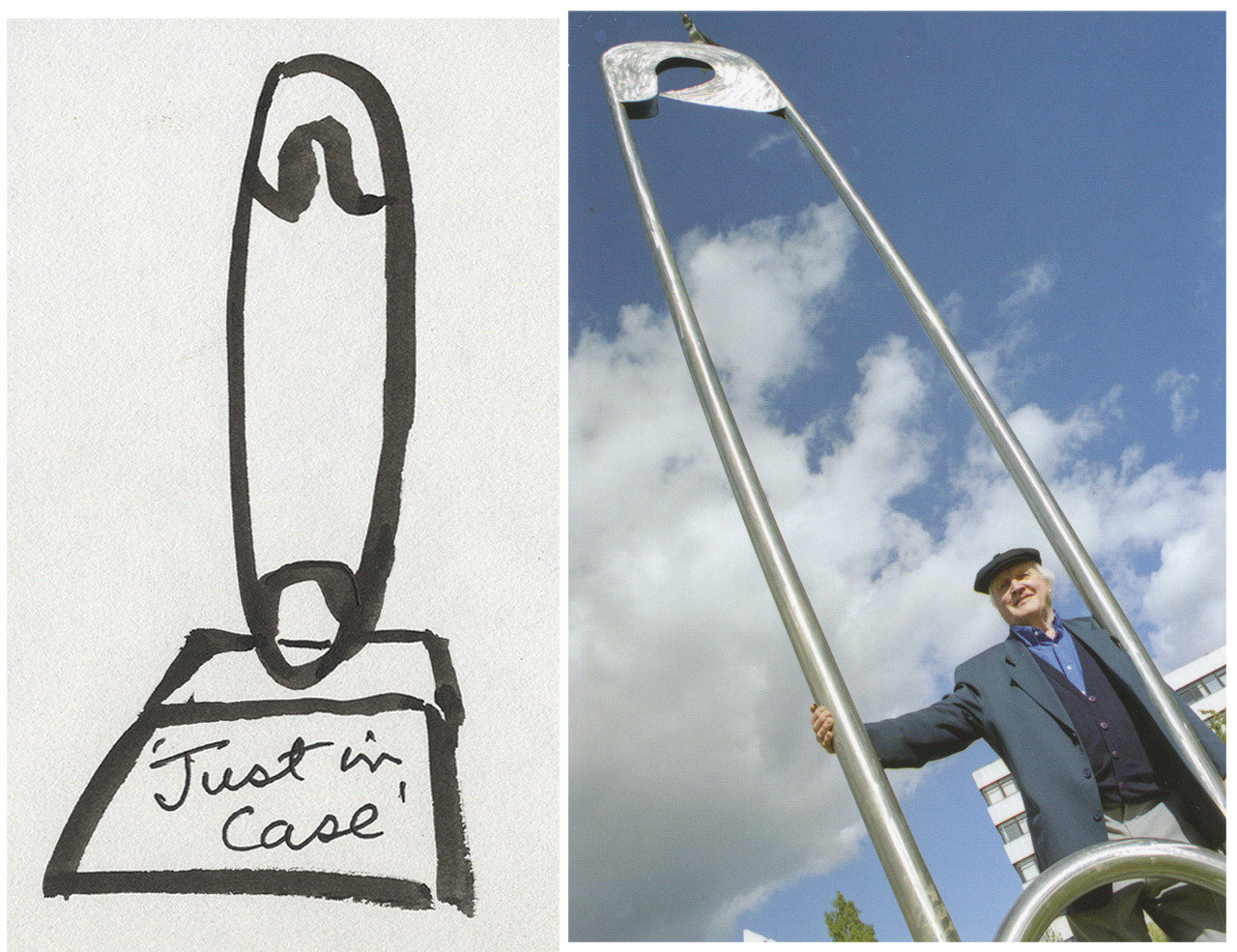 Sketch and photograph of George Wyllie with Monument to Maternity sculpture