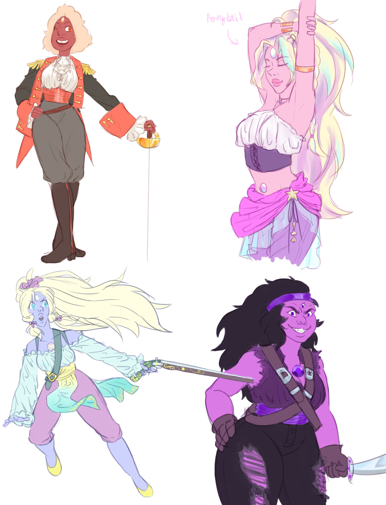 Pirate AU Crystal Gem fusions!! These were So. Much. Fun. Why don’t I draw them more often????? (P.S. please ignore Opal’s wonky right arm lmao