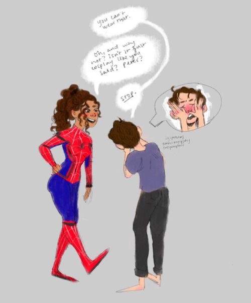 boyspjdey - mj catches peter in the suit and he says its cosplay...