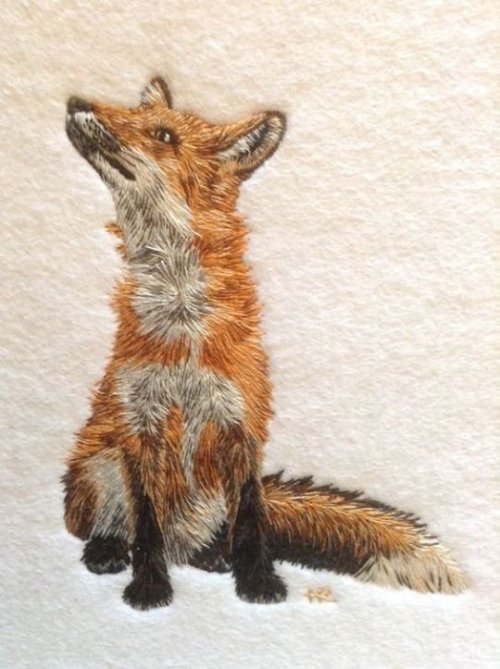 womansart - Silk embroidered fox created by Helen Richman,...
