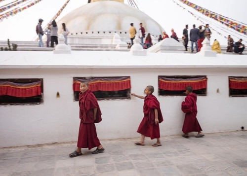 Novice Buddhist monks circumambulating the sacred stupa at...