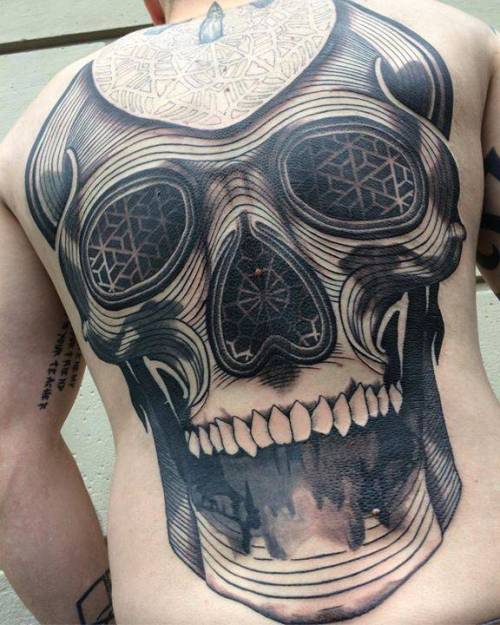 By Nissaco, done at Smilin’ Demons Tattoo, Mannheim.... skull;backpiece;anatomy;human skull;huge;facebook;blackwork;twitter;nissaco;illustrative