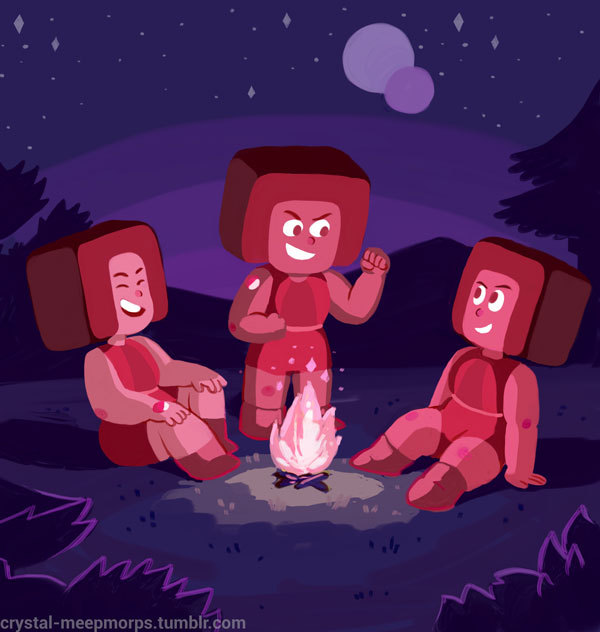 Joking and telling stories by the fire. Rubies taking a little rest after a mission on some alien planet I guess.