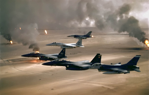 historicaltimes - USAF fighters over burning oil fields of...