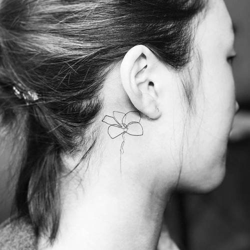 By Jay Shin, done at Black Fish Tattoo, Manhattan.... flower;jayshin;small;line art;plumeria;tiny;ifttt;little;nature;behind the ear;fine line;continuous line