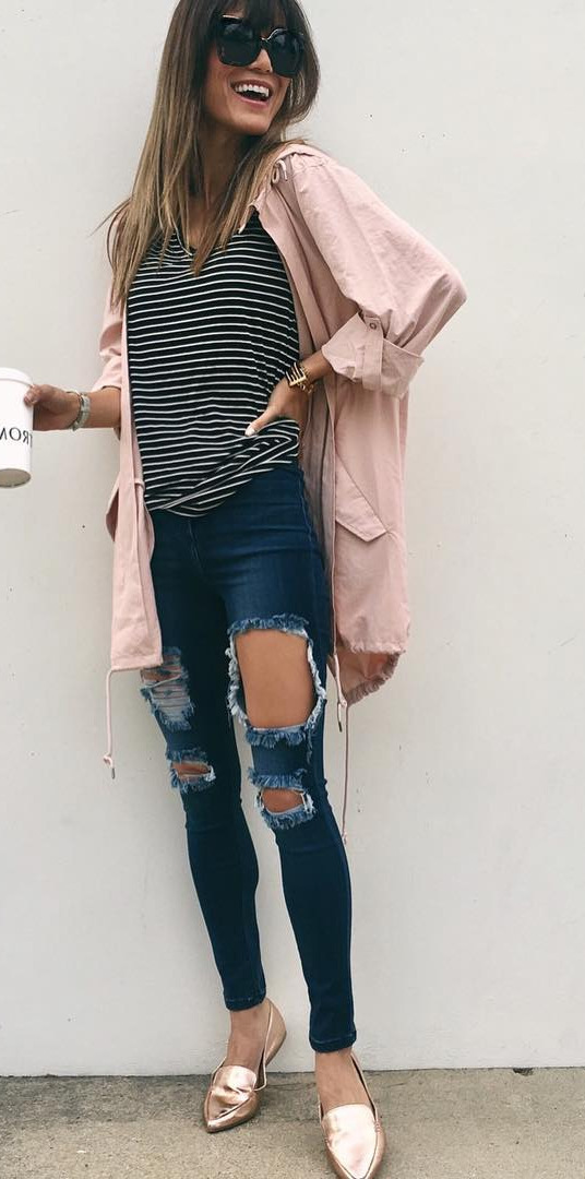 16 Most Trendy Summer Outfits to Try Right Now - #Photooftheday, #Clothing, #Photo, #Best, #Stylish Oh you know, just casually hanging out with my empty coffee cupifeelawkwardwithoutprops love how lightweight this pink jacket is!!And this striped tee is a must-have closet stapleComes in other colors too! Oh these rose gold flats?! , obsessed Shop it all this way Lovelies!!! To shop, To shop, simply tap the link in my bio!!sign up needed!can also shop by following me in the free   app!