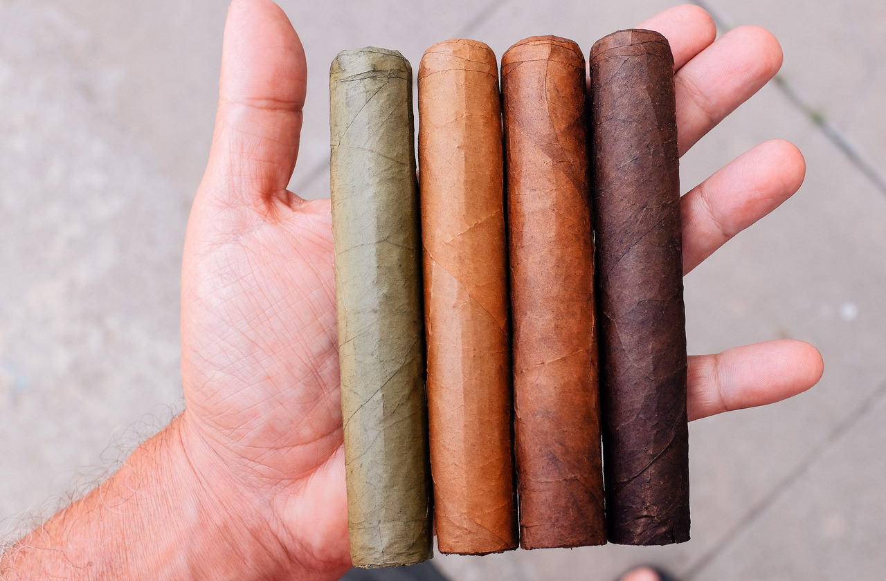 Four Wide Churchills (5 1/8 x 55) in candela, Connecticut, Corojo, and Habano maduro.