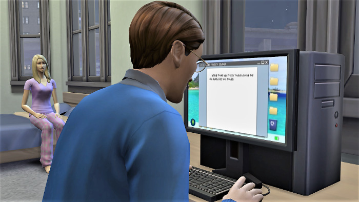 Seth is sitting at a desk and typing on a computer. In the background Sarah is sitting on a bed, facing him.