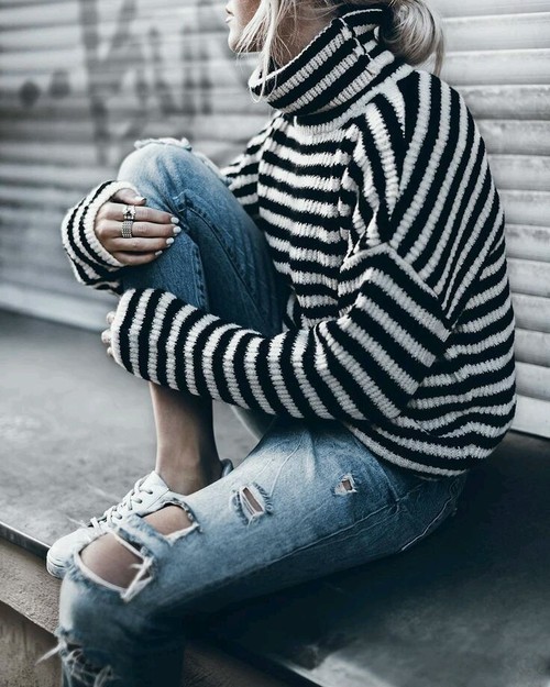 streetstyleplatform - Striped Black and White Turtleneck Sweater