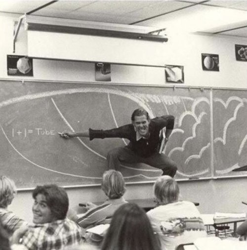A California teacher teaching the physics of surfing, 1970.