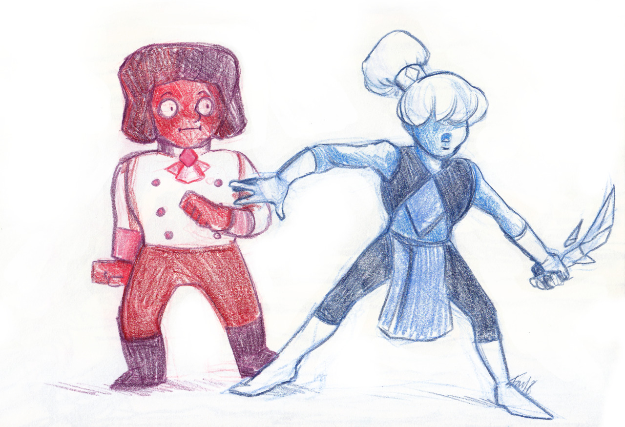 A quick thing i doodled a few days ago to test out my new colored pencils i got from my friend as an early b-day present. I had this idea for a bit where Ruby’s and Sapphire’s roles were switched and...