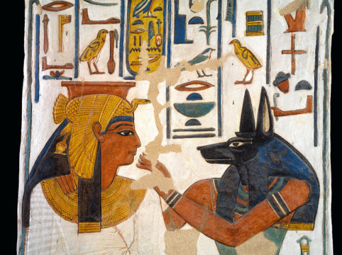 grandegyptianmuseum - Queen Nefertari embraced by god Anubis,...