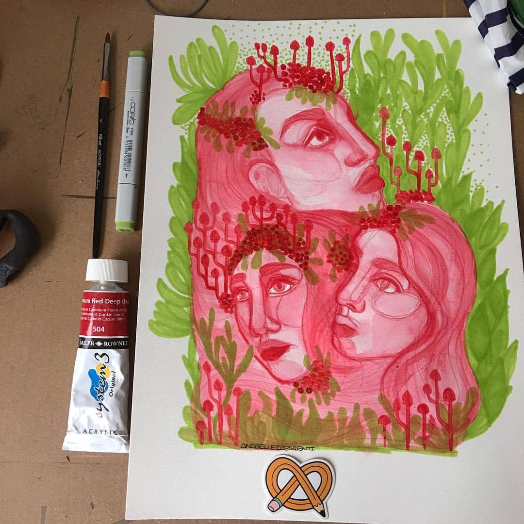 thirdcrowncrescenti: “#augustartsnackschallenge #artsnackschallengeaugust #artsnackschallenge “pollinating bubblegum” my girls were made with the #dalerrowney #system3acrylic washes and the #robertsimmonsbrushes short handle acrylic brush. All the...