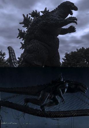Exhibit A: 'Classic' Godzilla with the upright lumbering giant posture of an early 20th century depiction of T. Rex.  Exhibit B: 1998 Roland Emmerich Godzilla, displaying the horizontal posture and straight tail of modern versions of Tyrannosaurus.