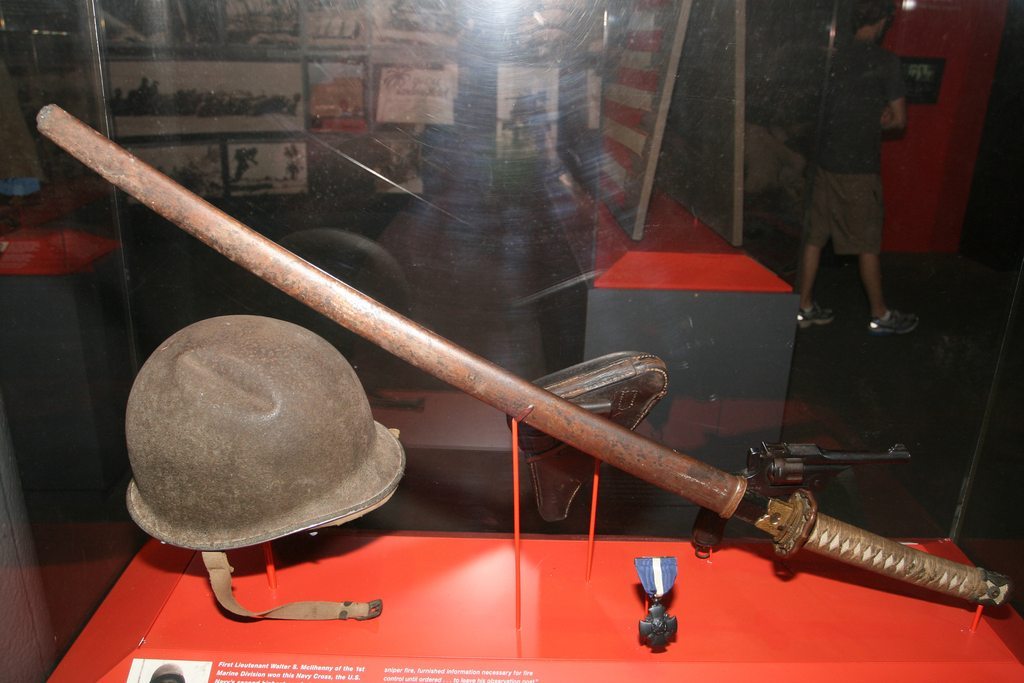 flea-market-cryptid:
“alithuanianpotato:
“history-museum:
“Captain Walter Stauffer McIlhenny’s (later president of McIlhenny Company, maker of Tabasco sauce) combat helmet and the captured Japanese samurai sword that dented it. Guadalcanal, 1944...