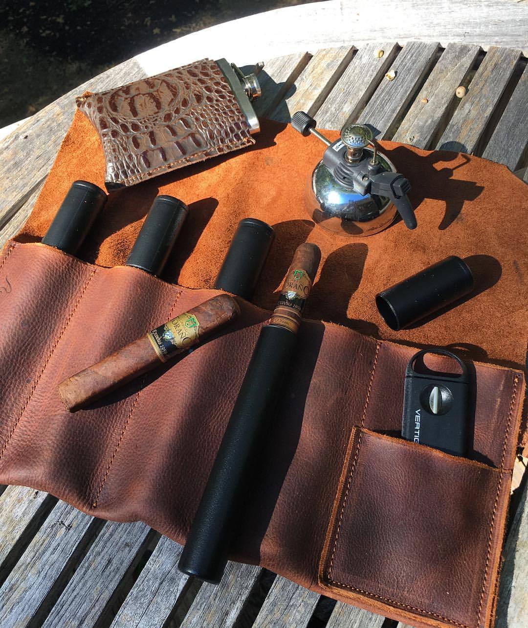 Legendary Saxon Leather Cigar Bandolier 🔥💨 heading to a #BOTL in Texas! Four sleeves with vacuum sealable hard cigar tubes, and sleeve for lighter and cutter. #originaldesign #madeinusa ⚒ #veteranmade #legendarysaxon #ruggedluxury #cigar #cigars...