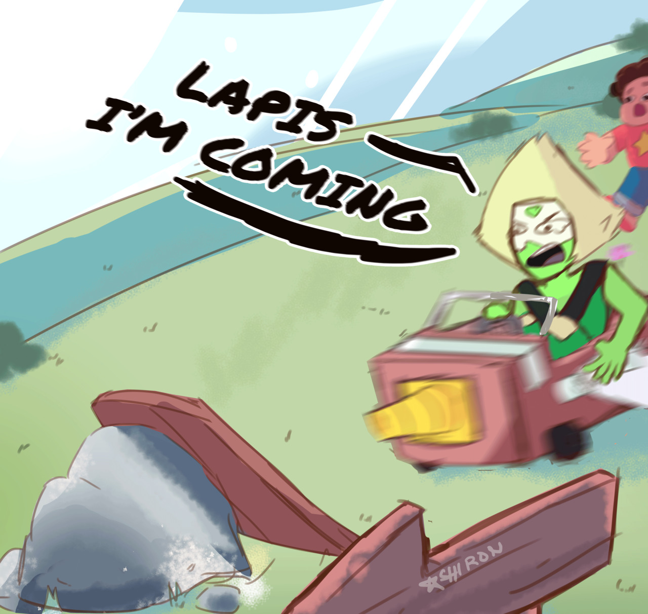 Peridot trying to go to the moon. ‘Cause Lion is too tired.