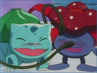 Bulbasaur aggressively fondles Gloom to thank her for her assistance.