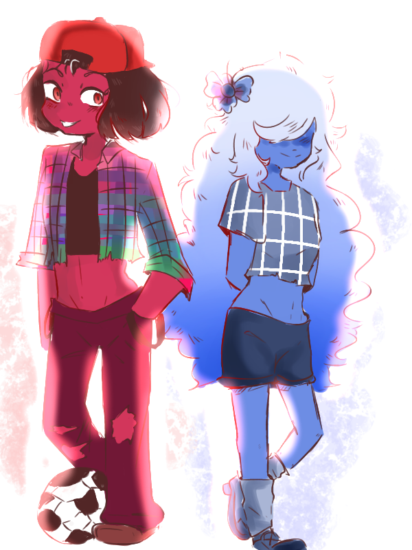Here’s a quick art of sapphire and ruby wearing some different clothes!!! I think this is some kind of AU where ruby is a player and sapphire as a “normal kind of girl” I have read a lot of fanfics...
