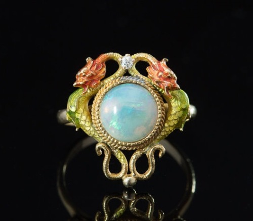 allaboutrings - Art Nouveau Opal, Diamond, and Enamel Dragon...