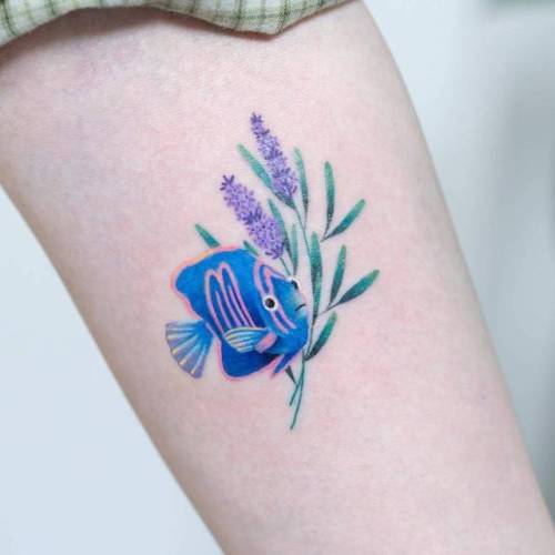 By Zihee, done in Seoul. http://ttoo.co/p/34237 flower;small;animal;tiny;fish;lavender;ifttt;little;zihee;nature;ocean;inner forearm;illustrative