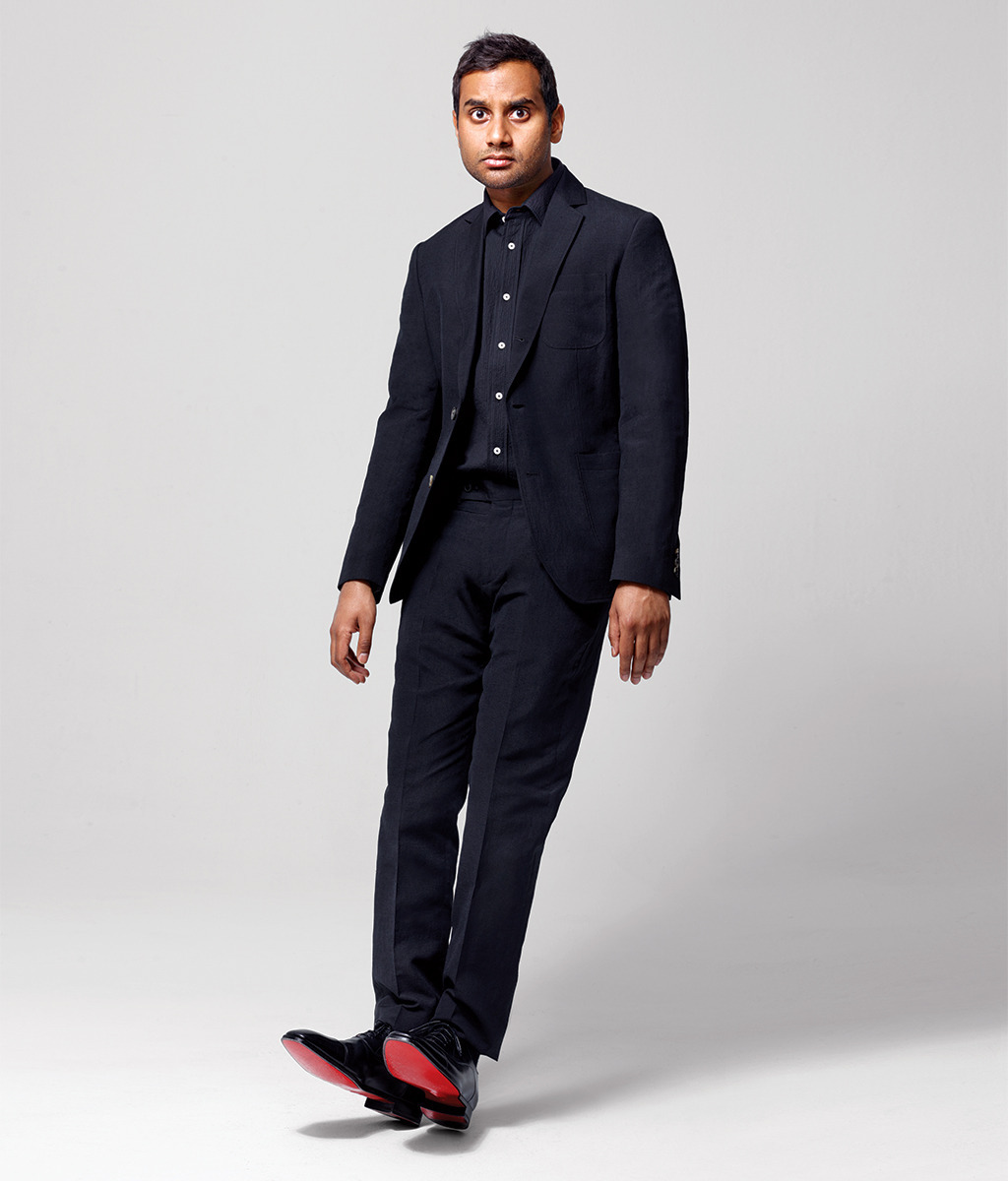 Image of Aziz Ansari wearing a Brooklyn Tailors suit and shirt for a New York Magazine article
