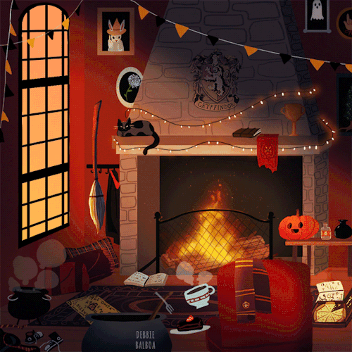 debbie-sketch:Hogwarts Houses common rooms in Halloween season 