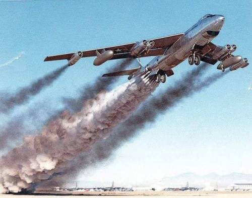 planesawesome - Rocket assisted takeoff, seen here on a B-47.