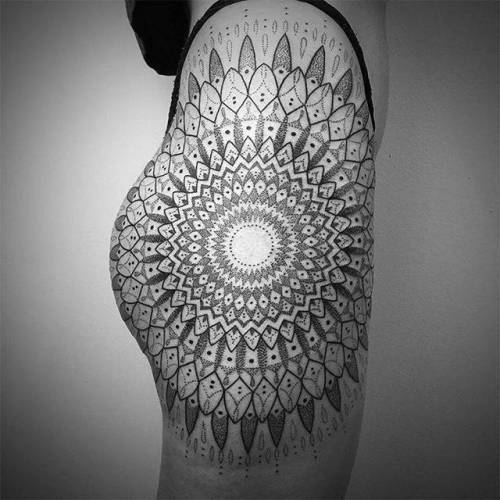 By Kris Davidson, done at Kris Davidson Tattoo, Boulder.... krisdavidson;ass;hip;dotwork;big;of sacred geometry shapes;mandala;thigh;facebook;twitter;sacred geometry
