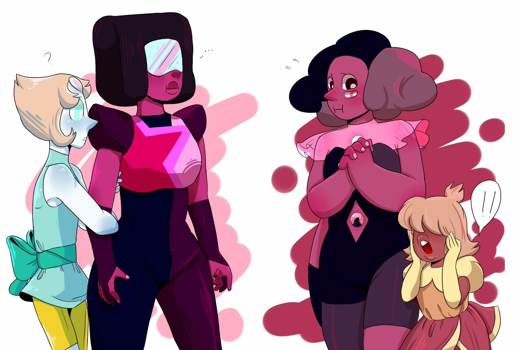 Pearl, Ruby and Sapphire (Garnet) meet Sapphire, Ruby and Pearl (Rhodonite). They are like the opposite of each other. I LOVE THOSE OFF COLOURS GEMS! BUNCH OF CUTIES.