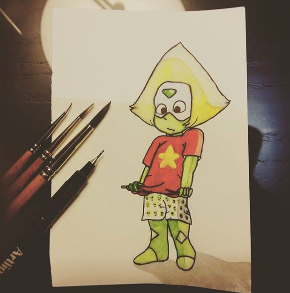 And yet another watercolor painting, this time peridot from Steven Universe.
