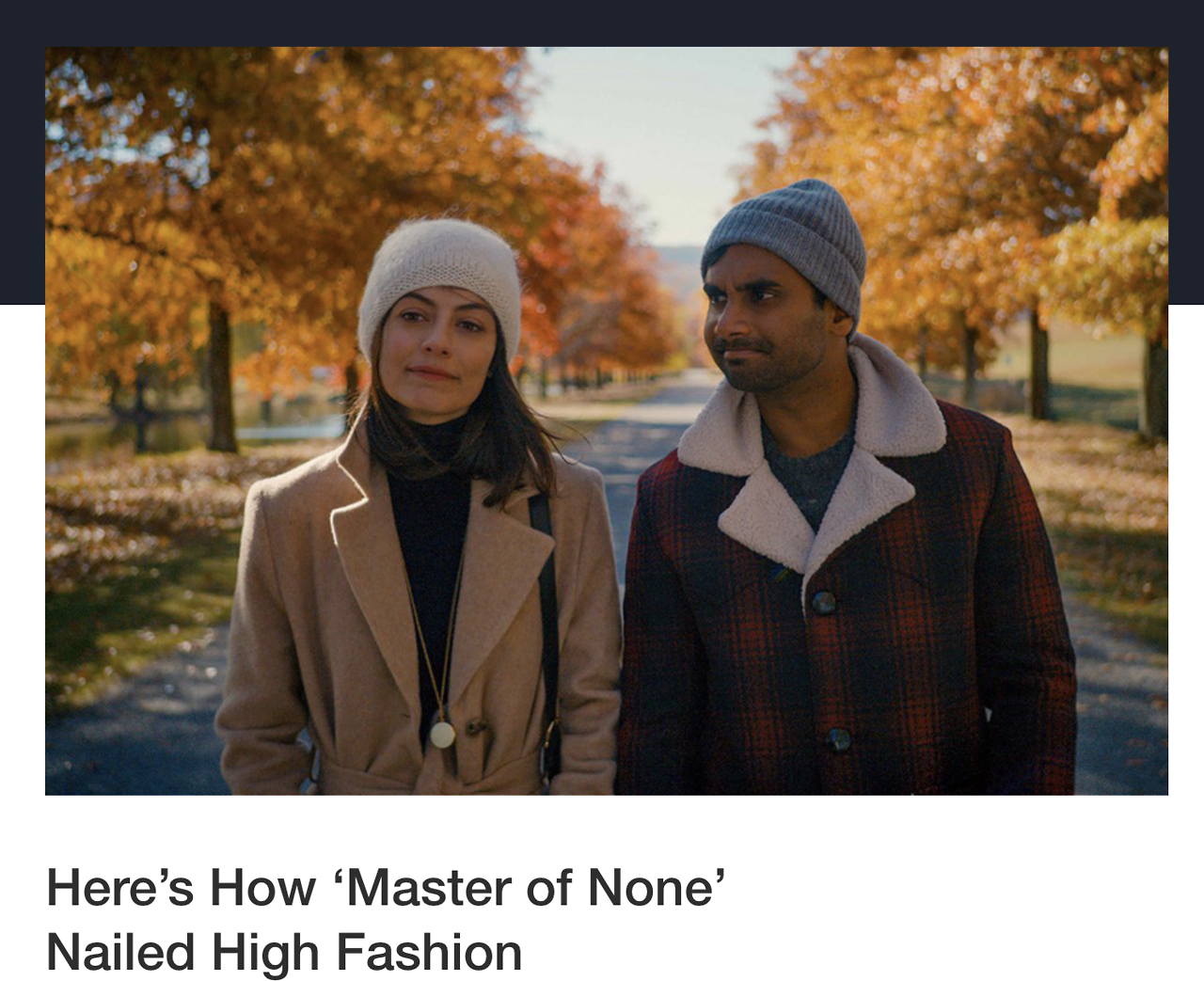 Image of Aziz Ansari walking with a woman in a park from Master of None