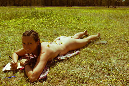 nakedwithflowers:Chey in the flowery meadow by the dam just...