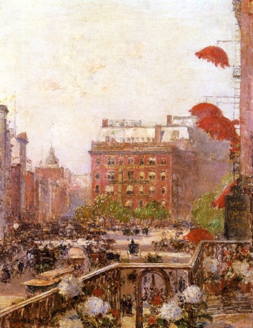 childe-hassam:View of Broadway and Fifth Avenue, 1890, Childe...
