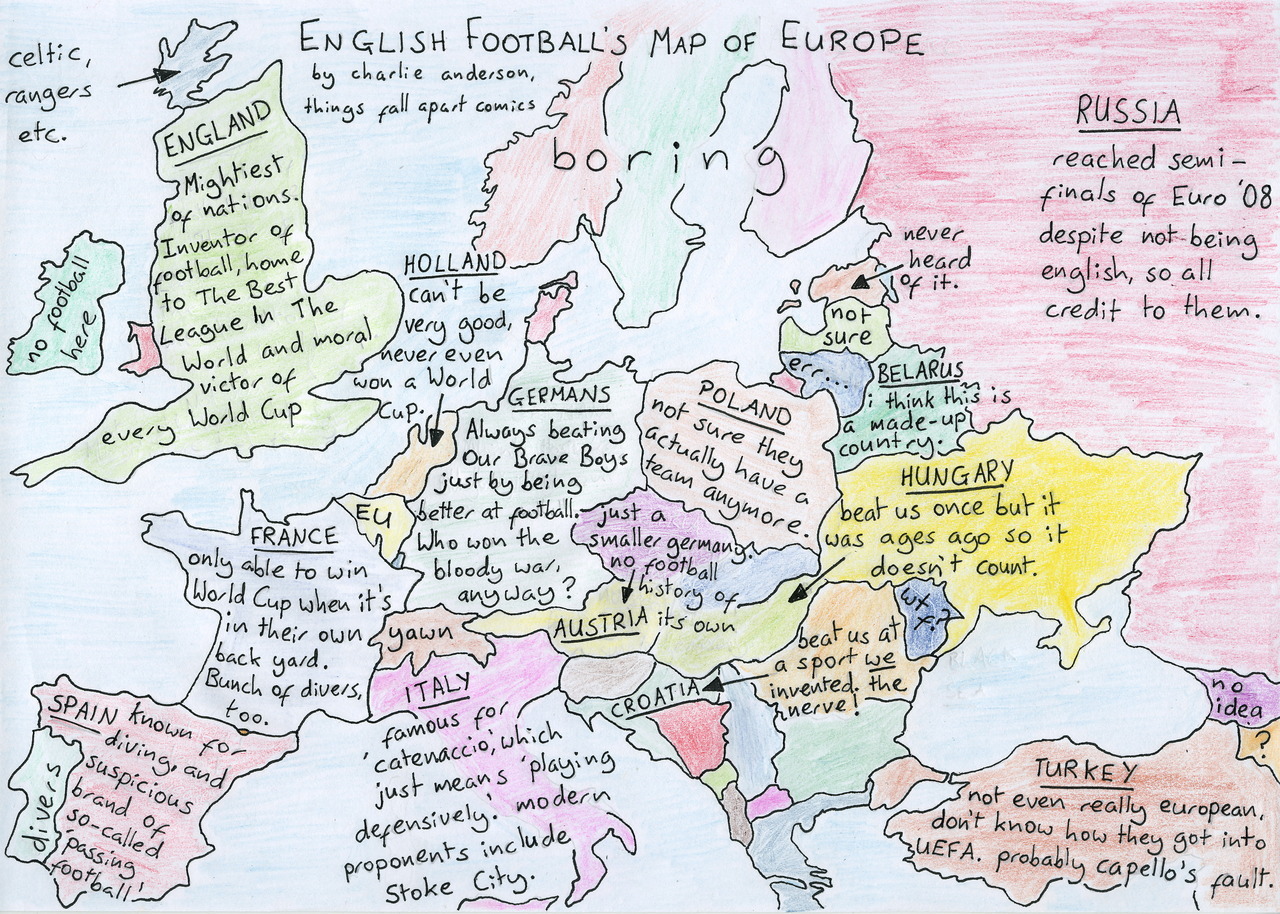 EURO 2012 Qualifying may be over for the time being and although England are in second place behind Montenegro, here is a little glimpse of your average Englishman’s perception of European footballing nations. This is English Football’s Map of Europe...